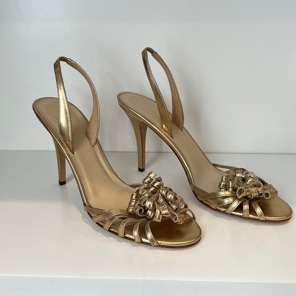 Kate Spade Gold Strappy Stilettos with Fun Ribbon Curl Detail - Never Worn